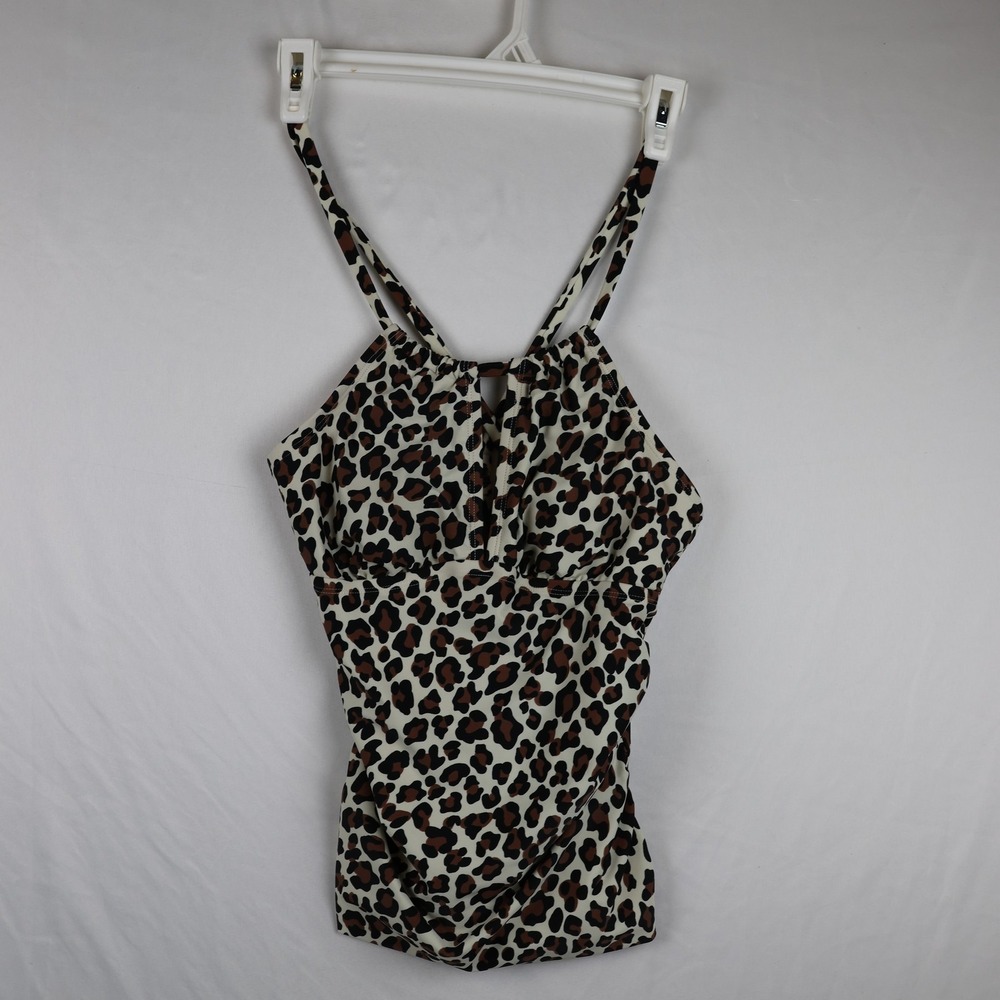 Kona Sol Swimsuit Womens Small Leopard Print Split Neck One Piece Animal Ruched